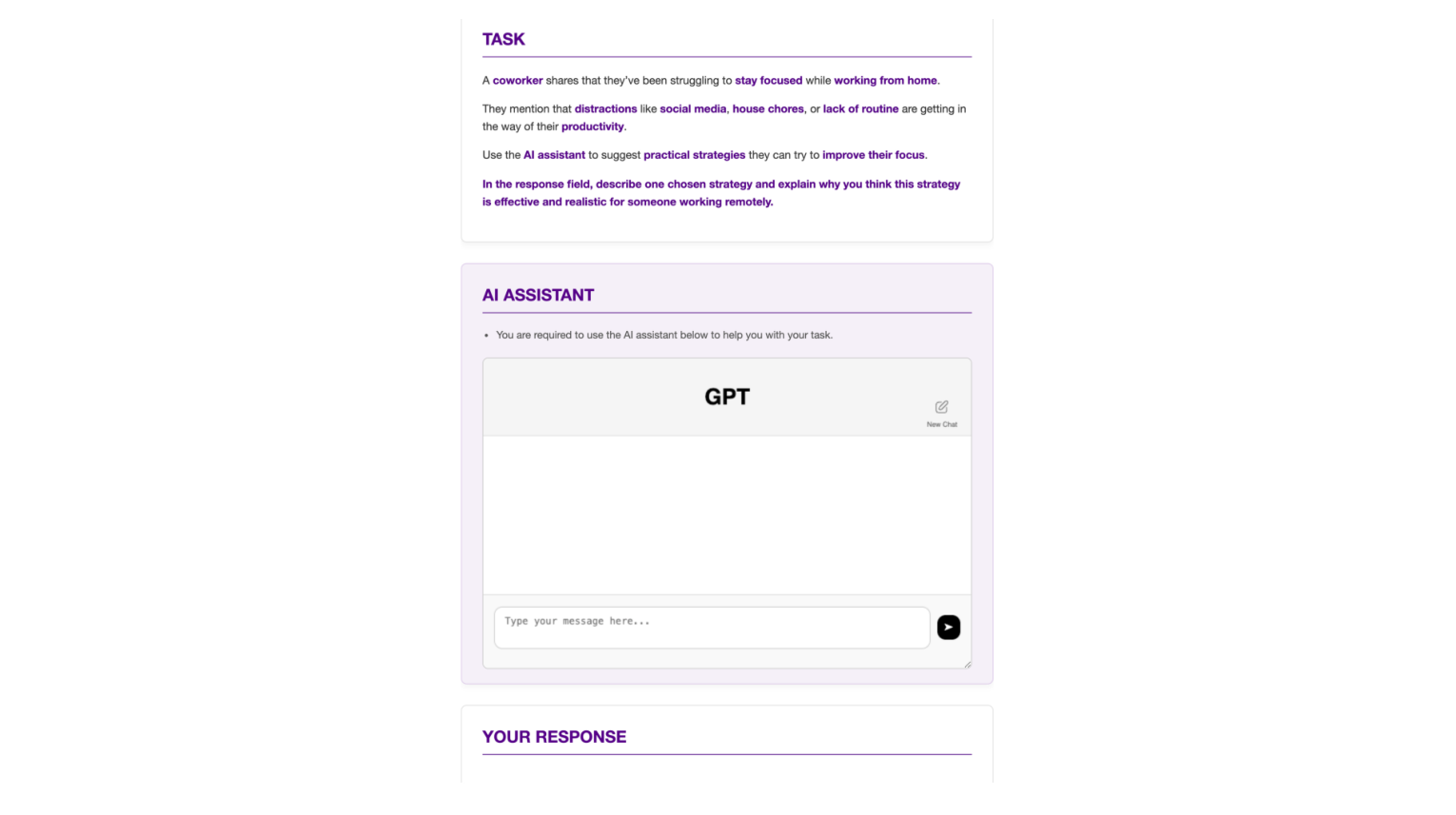 Figure 4: The experiment’s task interface. The top panel presents the task description, the middle panel is where participants
interact with the AI assistant, and the bottom panel contains the response field where participants submit their final answer.
