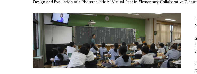Figure 4: Classroom scene from the preliminary study. A 6th
grade class (33 students) participates in a Japanese language
arts lesson with Saya displayed on a ceiling-mounted monitor
at the front of the classroom.