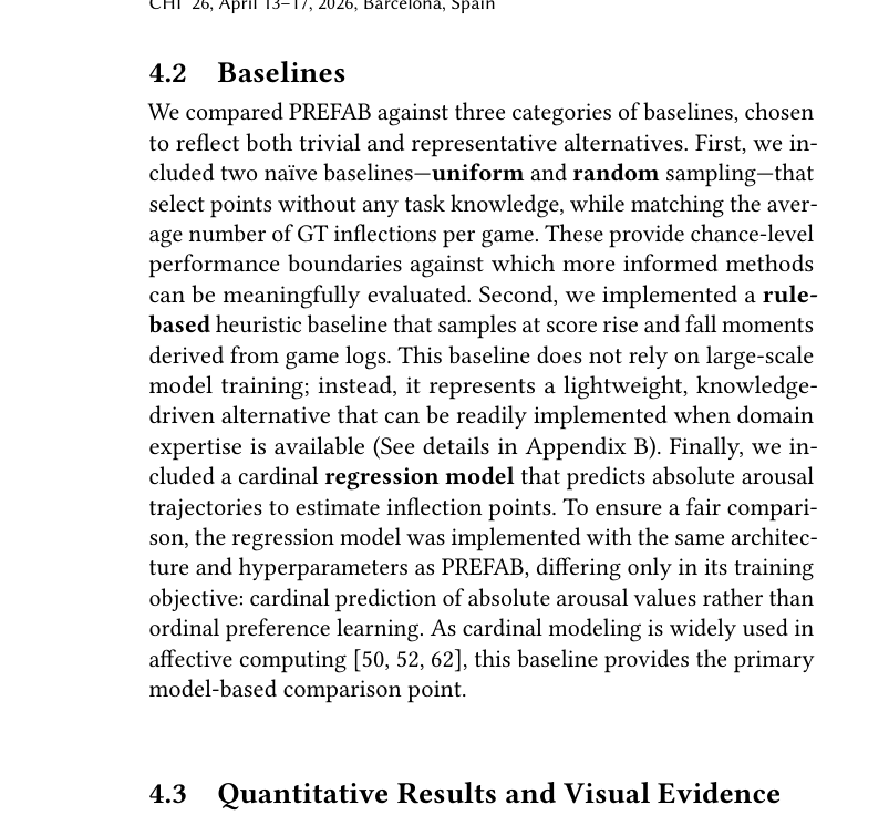 Figure 5 summarizes F1 and ΔTE across all games. On F1, PREFAB
consistently outperformed all baselines with statistically significant
differences. An ANOVA confirmed significant differences among
methods for both metrics (𝑝 < .001; see details in Table C1), and
Bonferroni-corrected pairwise t-tests indicated that all method pairs
differed significantly (all 𝑝 < .001).