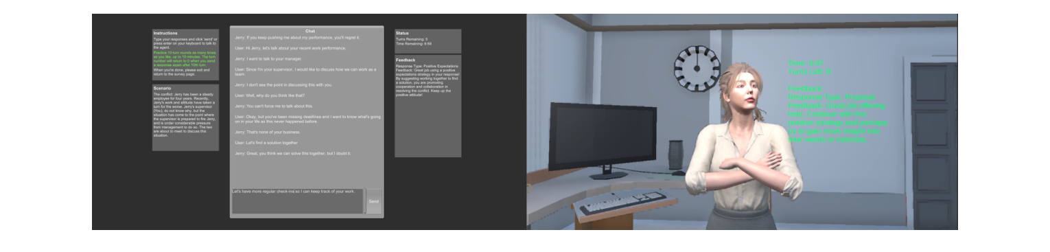 Figure 1: Side-by-Side Simulation Views of the AI Agent Conditions: Text-Only AI Agent (Left) and VR-Embodied AI Agent
(Right)