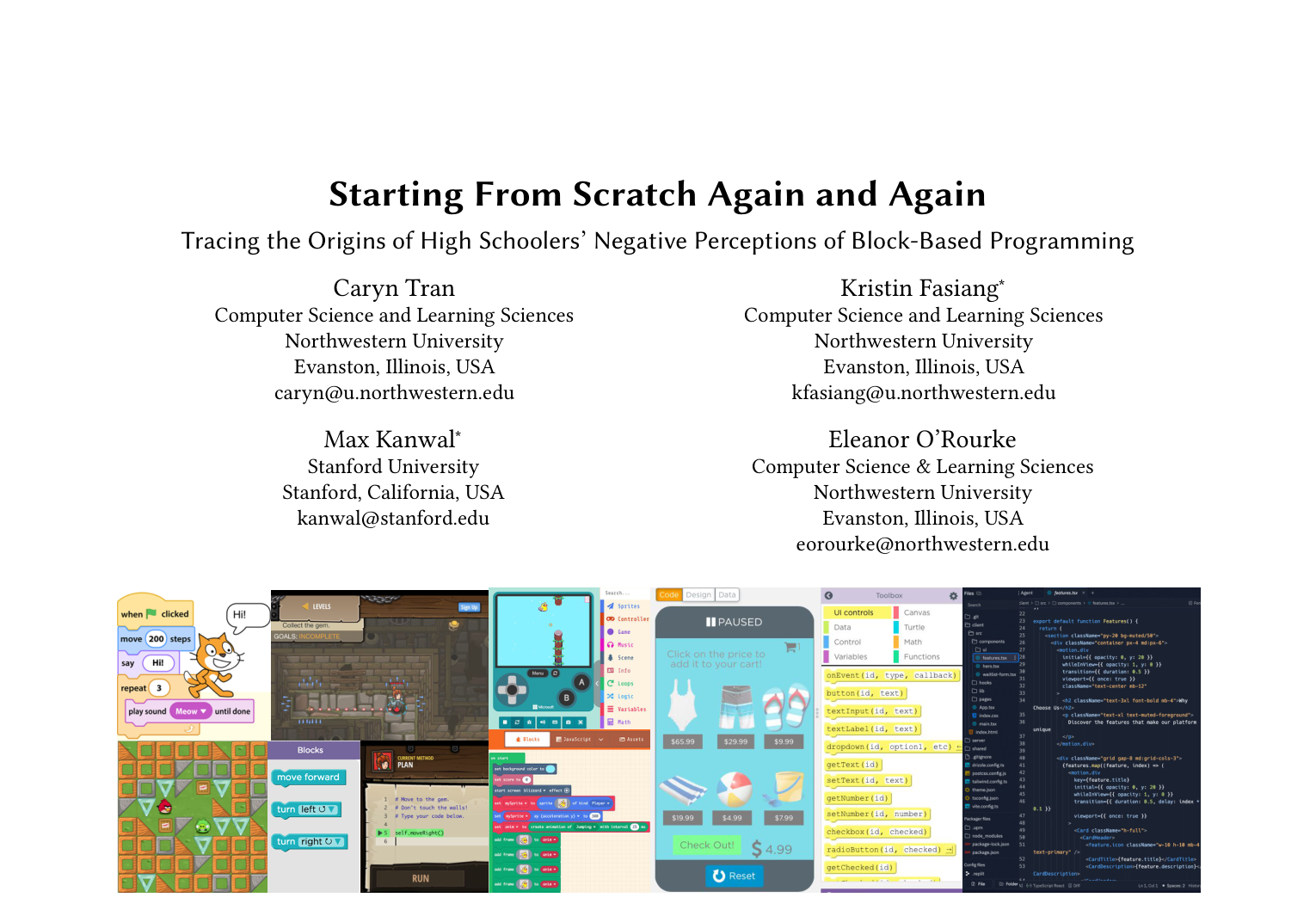 Figure 1: A spectrum of educational programming tools spanning block-based environments (Scratch, Hour of Code), dual/hybrid platforms (Microsoft MakeCode, Code.org AppLab), and text-based editors (CodeCombat, Traditional IDE). These tools reflect key design tradeoffs in approachability versus expressiveness, visual scaffolding versus syntactic complexity, and playful exploration versus professionalism. As learners encounter different tools, they experience shifts in abstraction, control, and the perceived seriousness of their learning which then shapes their perceptions of programming languages and interfaces.