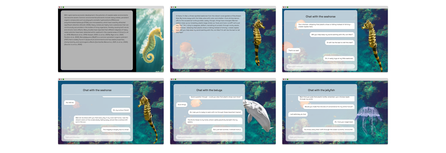 Figure 3: Overview of all three conditions for the seahorse character (top) and OceanChat interfaces of all three animals (bottom)