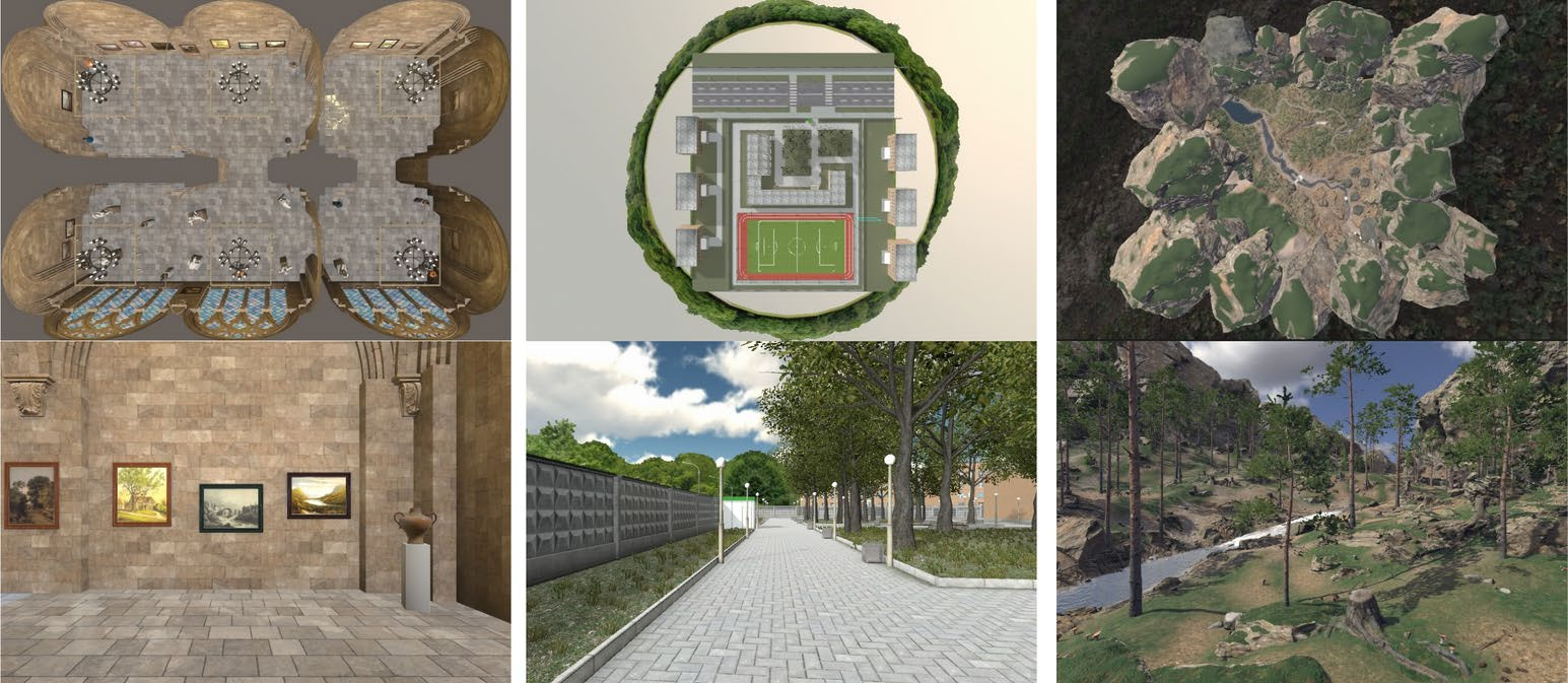 Figure 1: museum, campus, and forest VR scenes